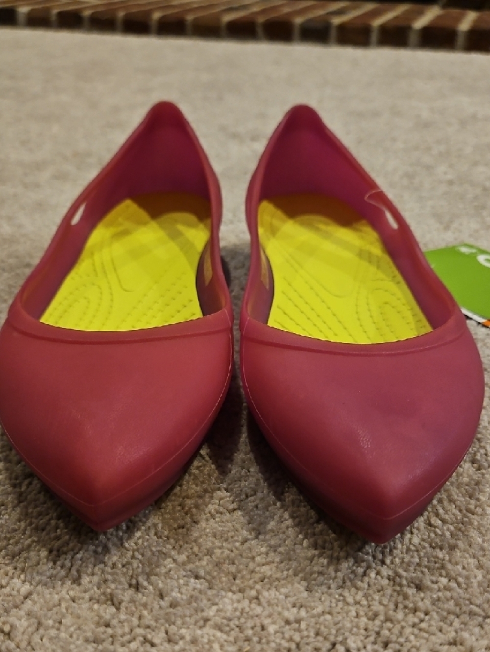 CROCS Women's Dark Pink Pointed-Toe Flats with Yellow Insole - Picture 2 of 10